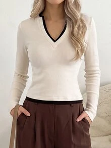 Easowa Contrast Binding Notched Neck Tee - Multicolor - View 3