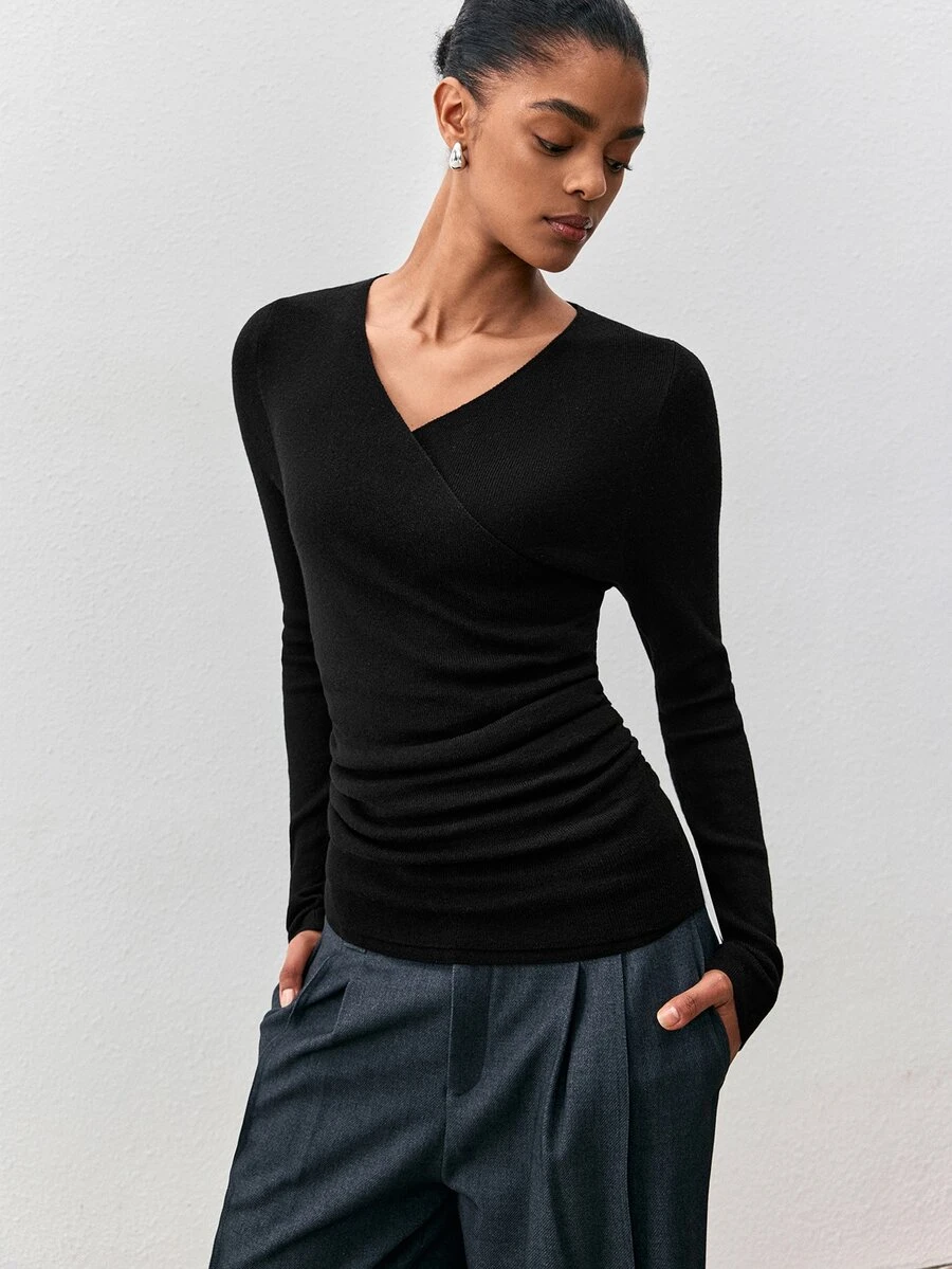 ATUI Studio Women's New Wrap V-Neck Slim Fit Ribbed Knit Long Sleeve Ruched Waist Cropped Wool Sweater, All Seasons - Black - View 1