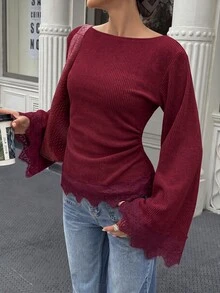Flora Isola Flora Isola 女款對比蕾絲下擺長袖圓領純色休閒通勤T恤 - 酒紅色 - 查看 3