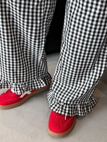 K-Vae Women's Korean Style Black & White Plaid Drape Ruffle Hem Casual Wide Leg Pants - Black and White - View 6