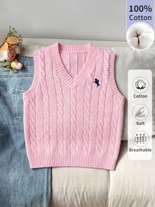 SHEIN (Tween Girl) 粉色純棉V領麻花編織刺繡針織背心，柔軟舒適，適合日常穿著、外出、旅行、度假、托兒所與玩耍 - 粉色 - 查看 1