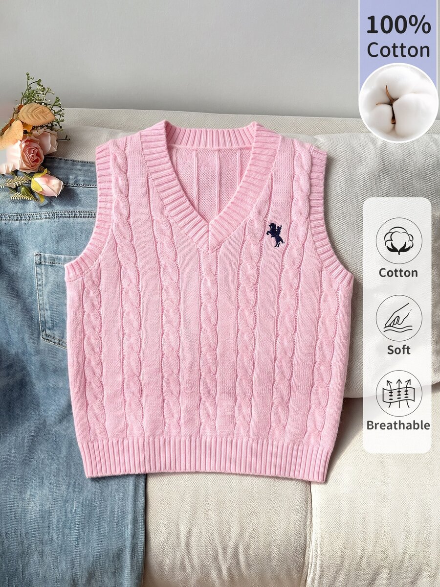 SHEIN (Tween Girl) 粉色純棉V領麻花編織刺繡針織背心,柔軟舒適,適合日常穿著、外出、旅行、度假、托兒所與玩耍 - 粉色 - 查看 1