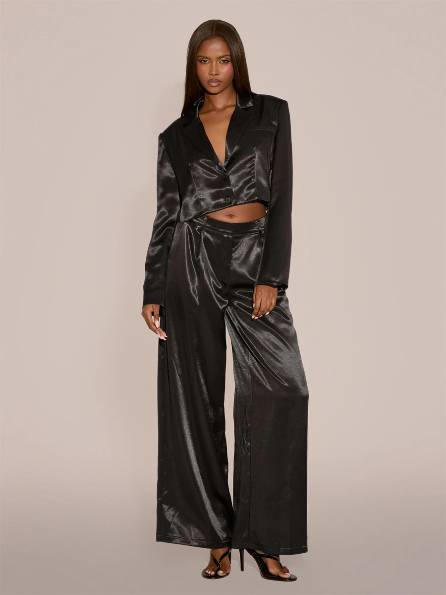 MUSERA Satin Style Tailored Low Rise Suit Style Trouser Sexy Evening Night Going Out Fall Winter Autumn Solitude - Black - View 1