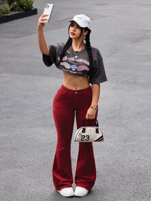 SHEIN PETITE 女款優雅街頭風鈕扣口袋喇叭牛仔褲 - 酒紅色 - 查看 6