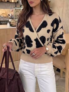 Serisse Women Leopard Print V Neck Cross Front Long Sleeve Ribbed Hem Knit Sweater Pullover,Collar Animal Print Sweater,Elegant Casual Fall Winter Top - Multicolor - View 7