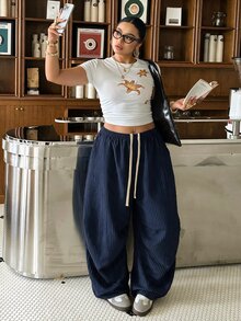 Muchica Plus Size Women's Drawstring Elastic Waist Vertical Striped Casual Loose Daily Versatile Pants - Navy Blue - View 4