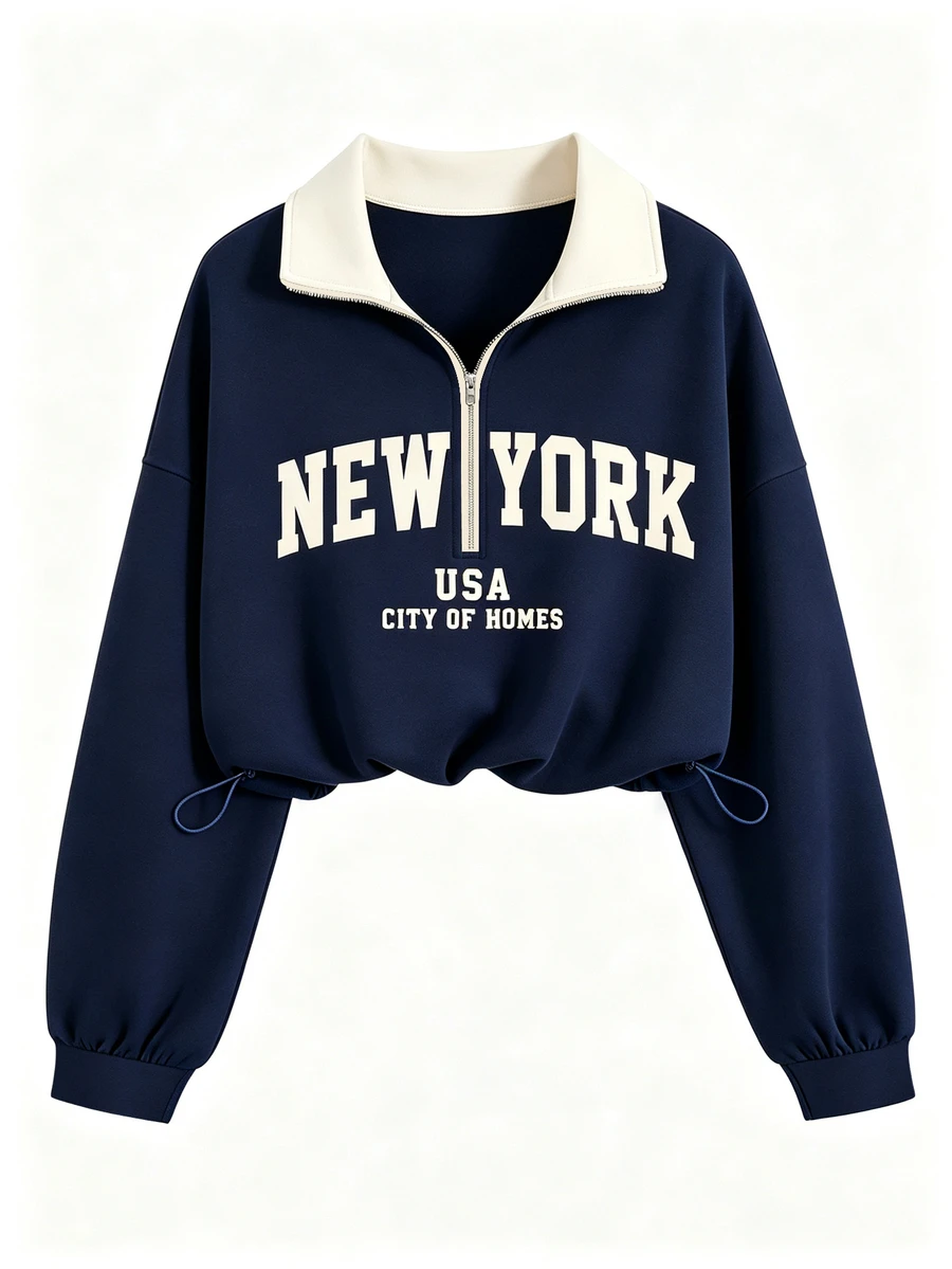 INAWLY Half-Zip Polo Collar Printed Loose Drawstring Sweatshirt - Navy Blue - View 1