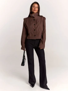 SHEIN BAE Women's Stand Collar Button Long Sleeve Solid Color Trench Coat - Khaki - View 4