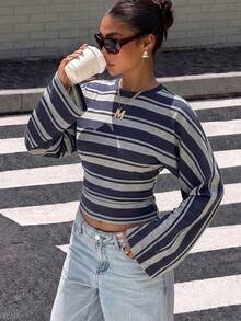 Muchica 女款休閒修身長袖T恤，蝙蝠袖條紋T恤 - 彩色 - 查看 6