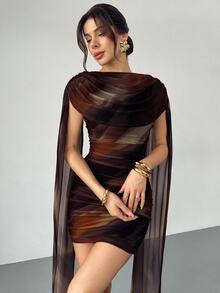 Firerie Dark Brown Chic Sexy Women's Ruched Mesh One Shoulder Mini Dress Abstract Pattern Bodycon Fit For Evening Events Night Elegant Party Formal New Year - Multicolor - View 7
