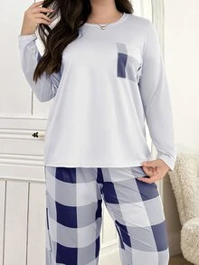 Lazeform Plaid Print Round Neck Long Sleeve Long Pants Plus Size Pajama Set - Navy Blue - View 4