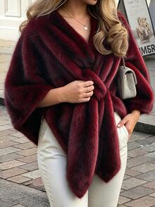 Cravure Standard Size Women's Autumn/Winter Fur Fabric Daily Commute Elegant Cape Coat - Burgundy - View 4