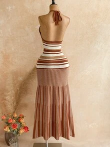 Soleia Women's Vacation Striped Halter Neck Tie Knit Dress With Fishtail Hem - Multicolor - View 2