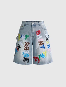 ROMWE Street Life Light Blue Applique Embroidery Studded Colorful Roman Pattern Sun Element Plus Size Women's 5-Inch Denim Shorts - Blue - View 1