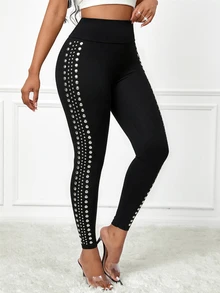 SHEIN Lady Women's Studded Decor Casual Daily Slim Fit Leggings - Black - View 5