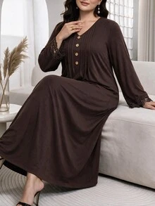 Al Najma Plus Size Women's Button Pleated Arabian Dress - Coffee Brown - View 4