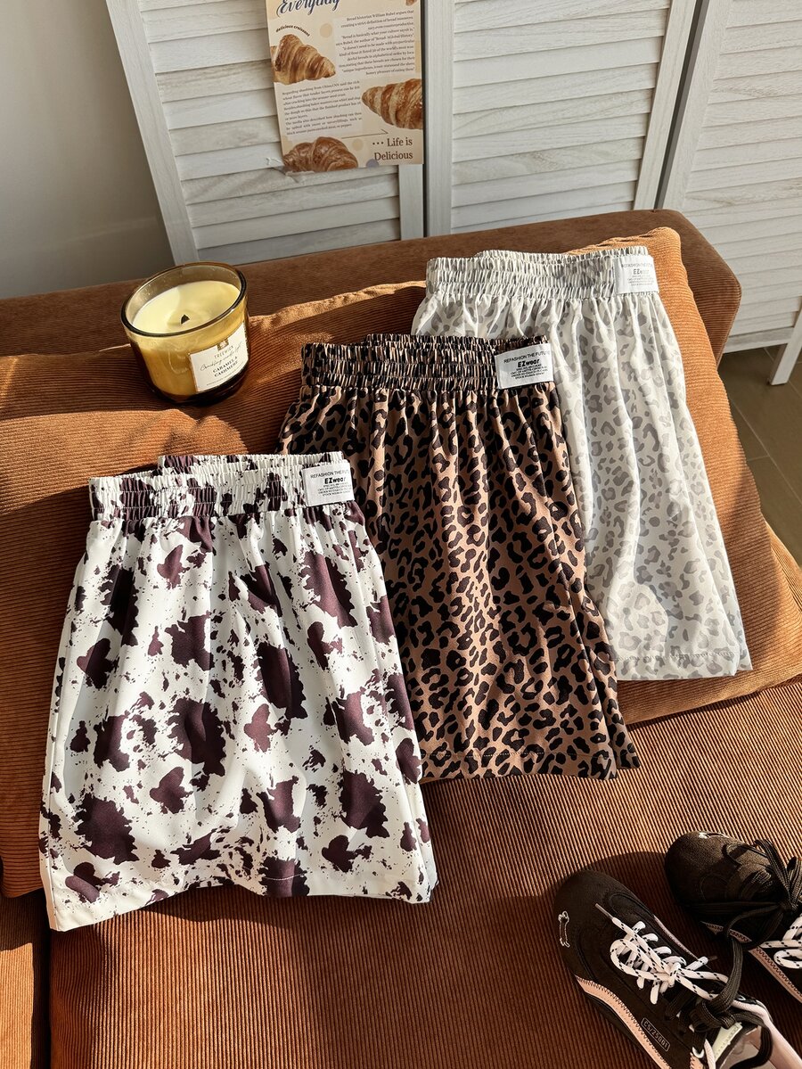 Comfortcana Plus Size 3 Pieces Set Solid Color And Branch Print Shorts, Suitable For Daily Wear, Simple Versatile Comfortable Shorts - Multicolor - View 1