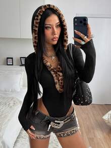 StreetHx Casual Deep V-Neck Hooded Leopard Print Fur Collar Patchwork Bodysuit - Black - View 1