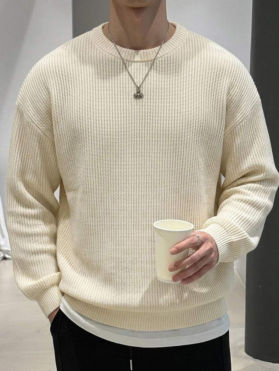 DAZY Spring/Autumn Long-Length Ribbed Apricot Knit Textured Fabric Crew Neck Cuffed Collar Pullover Sweatshirt, Korean Style Casual Men's - Apricot - View 1