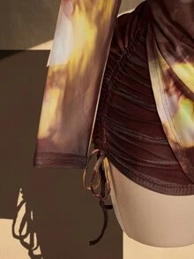 SHEIN ICON 大尺碼 Y2K 性感魅力復古套裝，復古豹紋花卉網紗，抹胸上衣、抽繩裙、罩衫 3 件組，海灘俱樂部，秋季棕色 - 棕色 - 查看 8