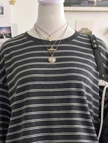 SHEIN EZwear 95%棉休閒極簡圖案對比色圓領長袖T恤，條紋T恤，秋季服飾，適合日常通勤、聚會、夏季、聖誕節、新年、感恩節、派對、婚禮、海灘、出遊、約會、情人節，優雅，度假，Y2K - 彩色 - 查看 3