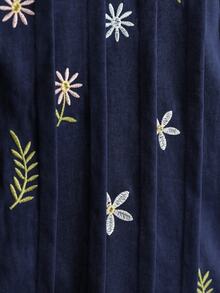 Lacomfia Embroidered Button Decor Striped Craft Long Sleeve Loose Fit Casual Versatile Navy Blue Shirt - Navy Blue - View 4