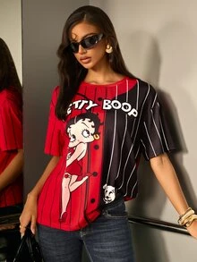 Betty Boop x SHEIN تي شيرت نسائي بأكمام قصيرة مطبوع عليه حروف رسومية - الأحمر - مشاهدة 1