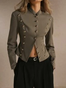 Poéselle Women's Autumn/Winter Studded Asymmetrical Hem Fitted Blazer - Mocha Brown - View 1