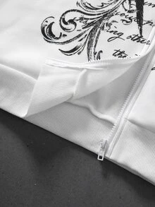 ROMWE MEN Goth Men's Dark Rhinestone Letter & Wing Print Loose Fit Open Front Fleece Hooded Sweatshirt - White - View 7
