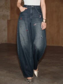 Anewsta Celana Jeans Wanita Pinggang Tinggi Motif Sobek Longgar - Biru - View 1