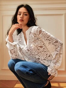 SHEIN Casual Daily Commute V-Neck Hollow Lace Ruffle Bell Sleeve Women's Blouse - Apricot - View 4