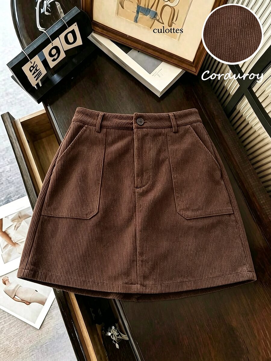 SHEIN Frenchy Fantasy-Elegant Button Pocket Zipper Straight Skirt - Coffee Brown - View 1