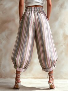 SHEIN 復古粉色條紋波希米亞風女款寬腿長褲，休閒褲適合度假、日常通勤、派對 - 彩色 - 查看 2