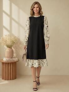 EMERY ROSE Women's Round Neck Patchwork Contrast Color Design Elegant Dress - Black - View 6
