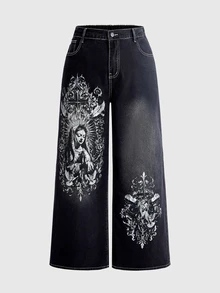 ROMWE Grunge Punk Gothic Punk Plus Size Women's Wide Leg Denim Jeans, Virgin Mary Cross Print Black & Grey Washed Design, Punk Music Festival Streetwear Long Pants - Black - View 1