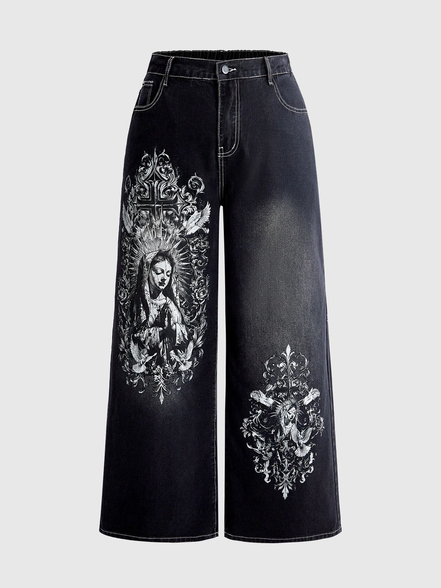 ROMWE Grunge Punk Gothic Punk Plus Size Women's Wide Leg Denim Jeans, Virgin Mary Cross Print Black & Grey Washed Design, Punk Music Festival Streetwear Long Pants - Black - View 1