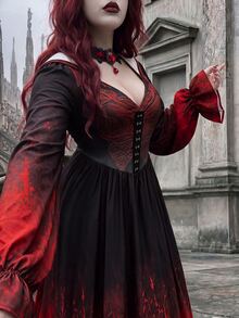 Whyspr Plus Size Long Sleeve Vintage Gothic Hooded Halloween Dress - Multicolor - View 4
