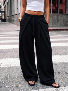 Avantive Women's Solid Color Pocket Casual Daily Wear Long Pants - Black - View 1