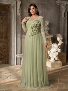 Aureia Plus Size Elegant Romantic Eyelash Lace Contrast Mesh A-Line Long Dress With 3D Floral Handmade Rhinestone Decor, Suitable For Wedding, Vacation, Prom, Bridesmaid, Formal Evening Gown - Green - View 6