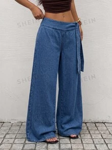 SHEIN Tall 女款側腰綁帶水洗休閒牛仔寬腿褲 - 中等水洗藍 - 查看 3