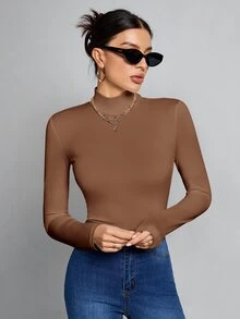 SHEIN Tall Simple Solid Color Slim High Collar White Top Suitable For Autumn And Winter - Mocha Brown - View 3