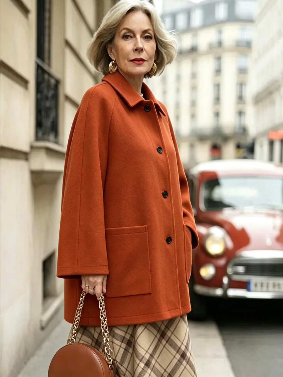 Offisola Women's Autumn/Winter Versatile Solid Color Elegant Vintage Noble Loose Casual Daily Commute Party Jacket - Rust Brown - View 1