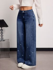SHEIN Tall 女款水鑽裝飾口袋寬腿寬鬆休閒牛仔褲 - 深色水洗藍 - 查看 3
