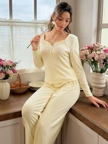 Snug Reverie Pale Yellow Romantic Lace Trim Square Neck Long Sleeve Long Pants Pajama Set - Yellow - View 6
