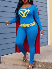 Slaydiva Plus Size Superhero Costume, Blue Long Sleeve Stretch Jumpsuit With Red Cape Cosplay Outfit Fall - Blue - View 5