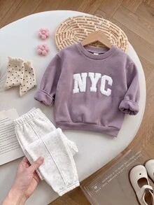 SHEIN Baby Boy Baby Girl Cute Autumn/Winter Grey Letter Print Long Sleeve Sweatshirt And Pants 2 Pieces Set - Purple - View 5