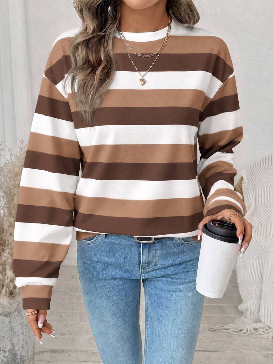 SHEIN LUNE 女款衛衣,秋季服飾,休閒極簡復古優雅通勤百搭保暖印花圖案藍白條紋,秋季穿搭,女款通勤穿搭,百搭上衣,外出穿搭,機場穿搭 - 白色 - 查看 1