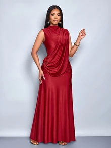 SOLERSUN Women's Autumn/Winter Party Dress, Red Shiny Fabric, High Neck, Sleeveless, Backless, Ribbon Decor, Ruched Hip, Extra Long - Burgundy - View 9