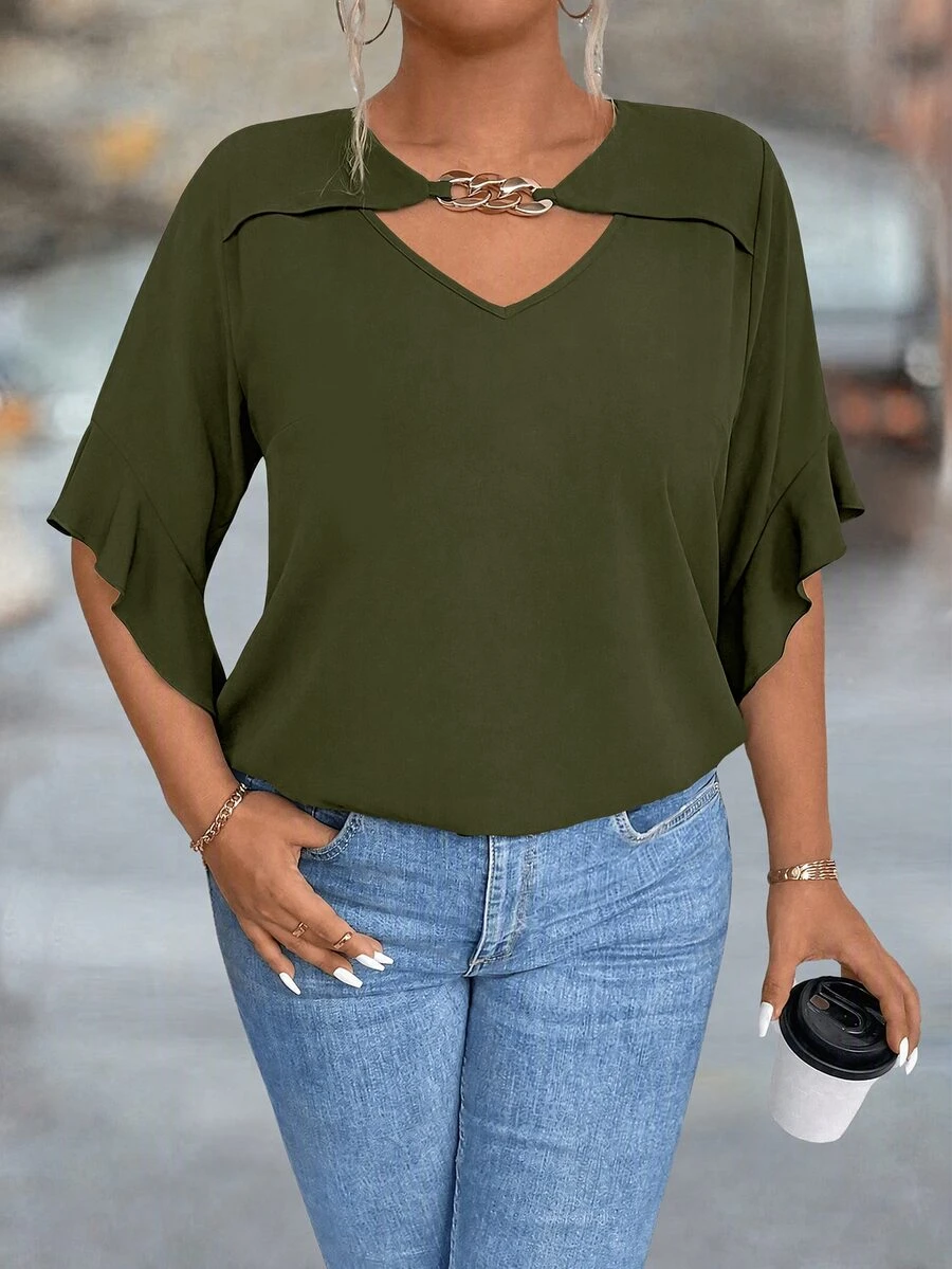 Velvienne Plus Size Hollow Neck Ruffle Sleeve Solid Color Blouse - Army Green - View 1