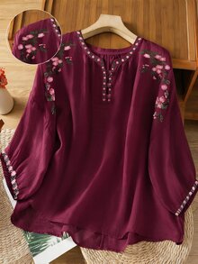 EMERY ROSE Plus Size Heavy Embroidery Comfortable Linen Mid-Length Sleeve Shirt - Burgundy - View 1